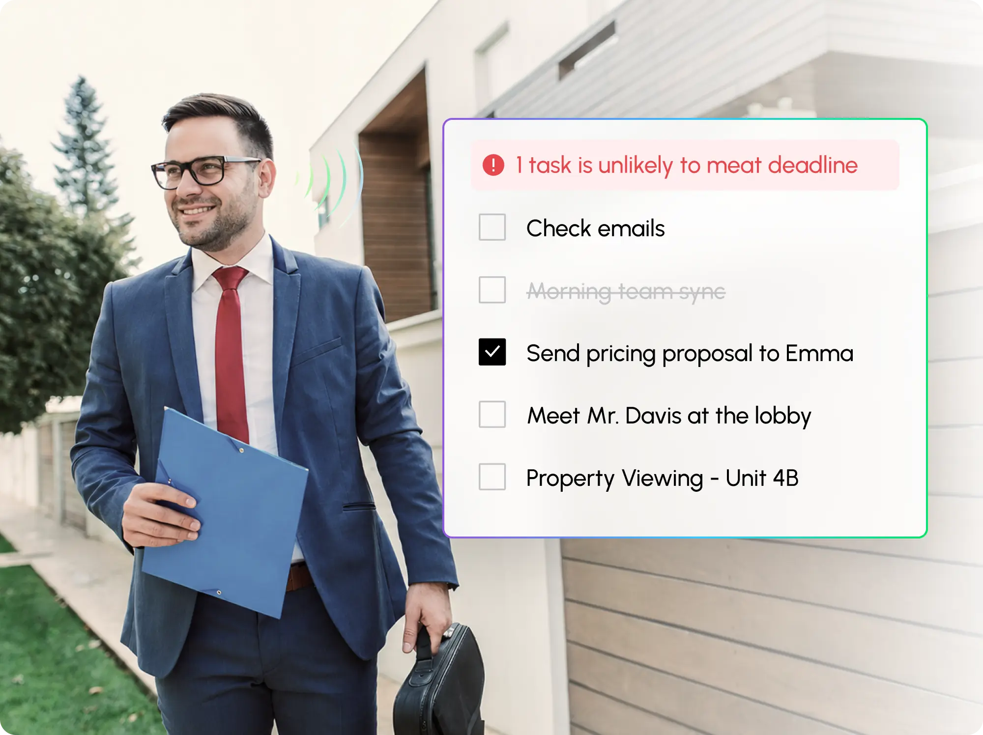 Real estate agent walking with clipboard and task checklist